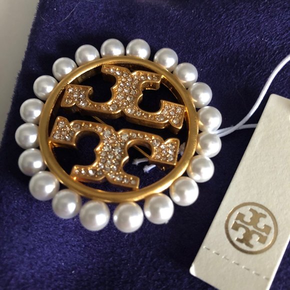 Tory Burch Gold Miller Pavé Pearl Brooch - Picture 10 of 16